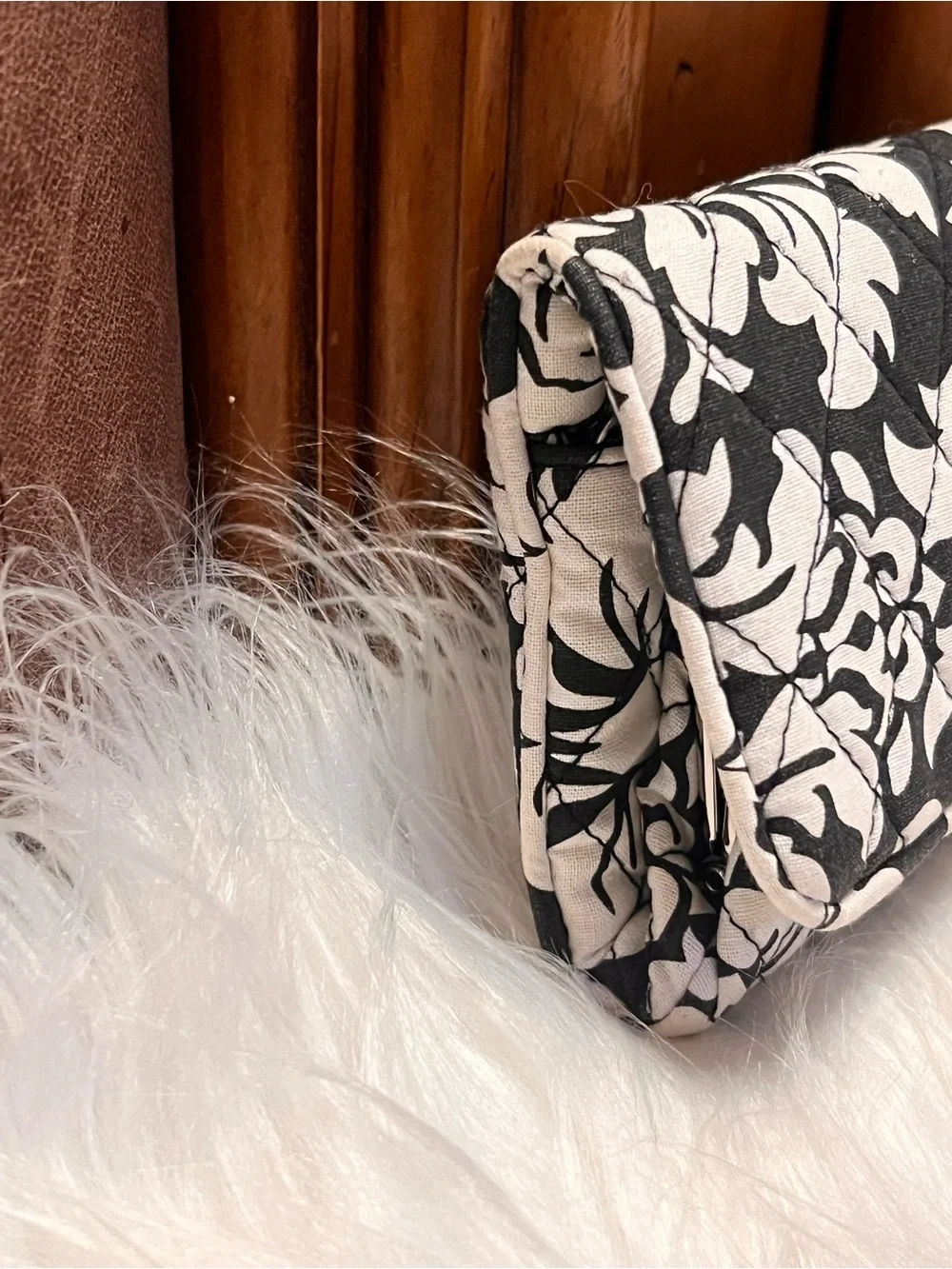 Quilted Black & Cream Floral Fold-Over Crossbody Bag